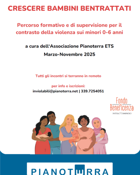 Titolo del percorso formativo, sfondo bianco, lo ente organizzatore e immagine famiglie multietniche